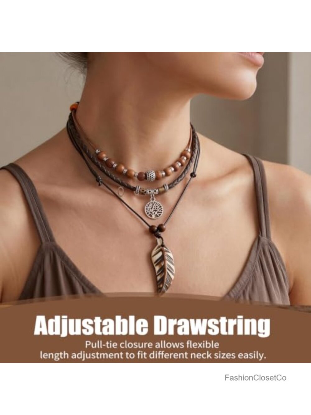 3-Layer Boho Beaded Necklace Leaf Fishbone Pendant Western Style - Picture 5 of 6